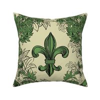 Green Acanthus Fleur de Lis on Cream Background with black line