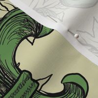 Green Acanthus Fleur de Lis on Cream Background with black line