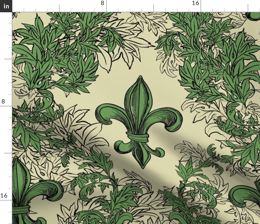 Green Acanthus Fleur de Lis on Cream Background with black line