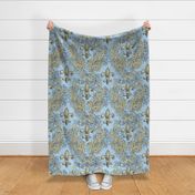 Cream Acanthus Fleur de Lis on Baby Blue Background