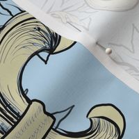 Cream Acanthus Fleur de Lis on Baby Blue Background