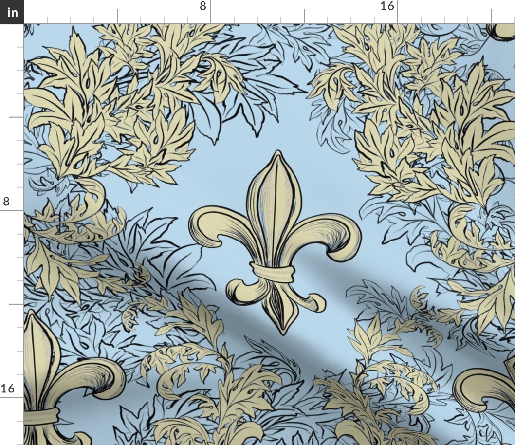 Cream Acanthus Fleur de Lis on Baby Blue Background