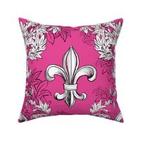 White Acanthus Fleur de Lis on a Raspberry Pink Background with black line
