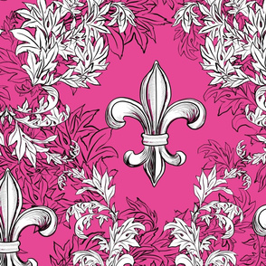 White Acanthus Fleur de Lis on a Raspberry Pink Background with black line
