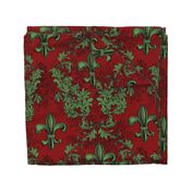 Green Acanthus Fleur de Lis on Wine Red Background with black line