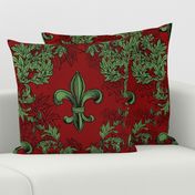 Green Acanthus Fleur de Lis on Wine Red Background with black line