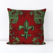 Green Acanthus Fleur de Lis on Wine Red Background with black line