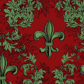 Green Acanthus Fleur de Lis on Wine Red Background with black line