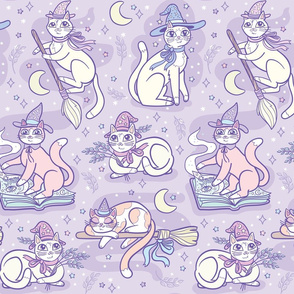 Pastel Witchy Cats in Lavender {large}