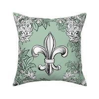 White Acanthus Fleur de Lis on Celadon Background with black line