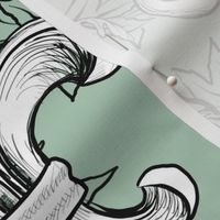 White Acanthus Fleur de Lis on Celadon Background with black line