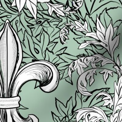 White Acanthus Fleur de Lis on Celadon Background with black line