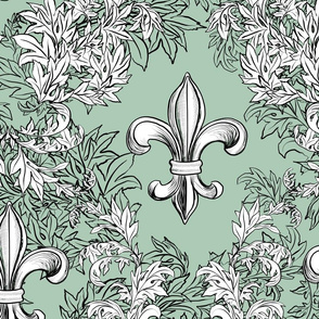 White Acanthus Fleur de Lis on Celadon Background with black line