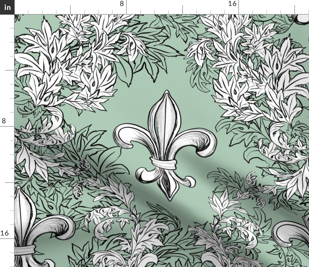 White Acanthus Fleur de Lis on Celadon Background with black line