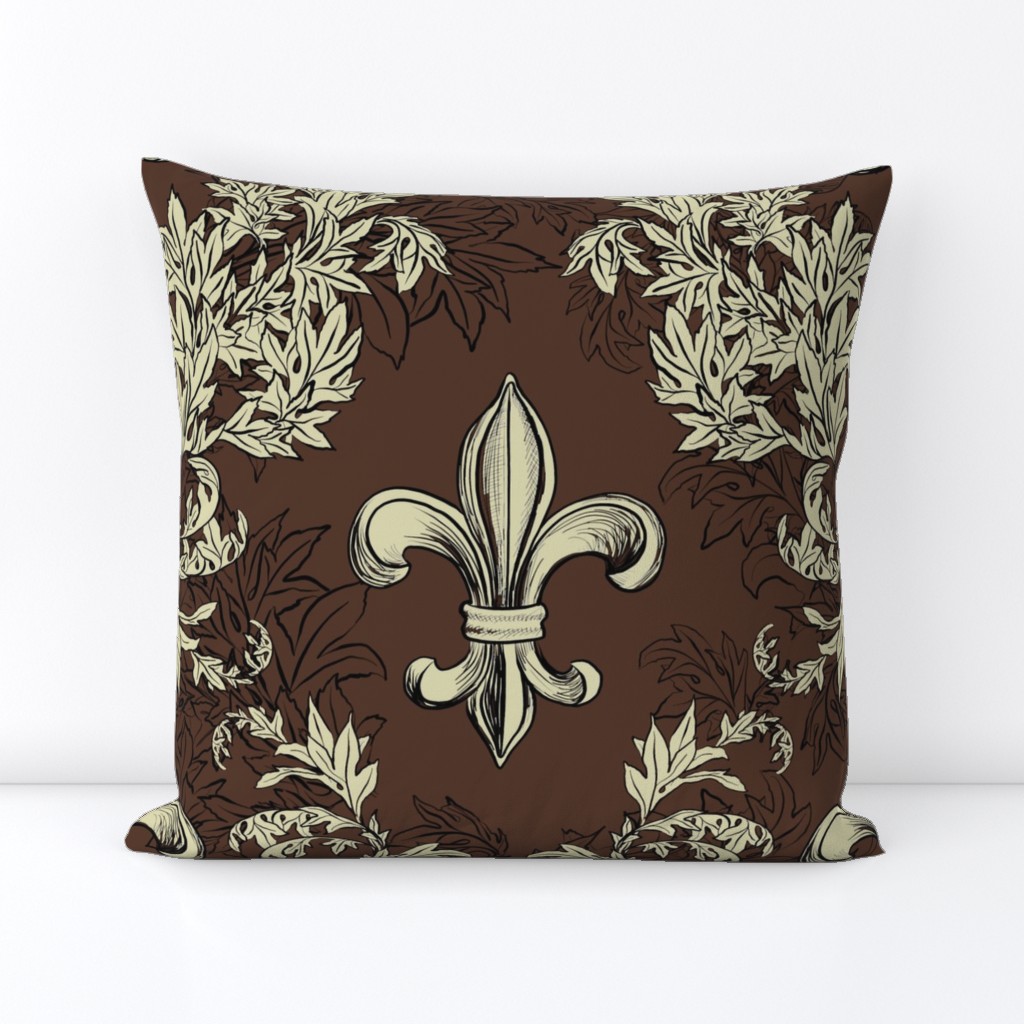 Cream Acanthus Fleur de lis on Chocolate Brown background with black line