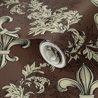 Cream Acanthus Fleur de lis on Chocolate Brown background with black line