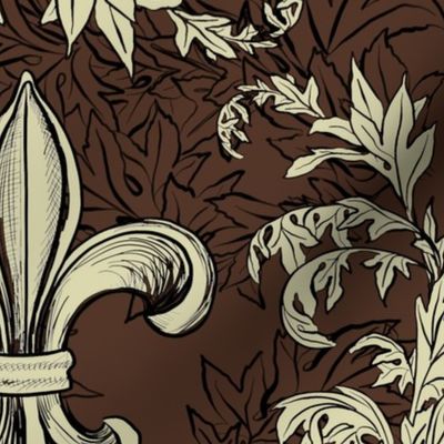 Cream Acanthus Fleur de lis on Chocolate Brown background with black line