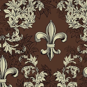 Cream Acanthus Fleur de lis on Chocolate Brown background with black line