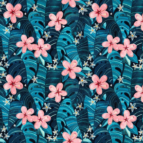 Midnight Tropical Garden - blue, medium