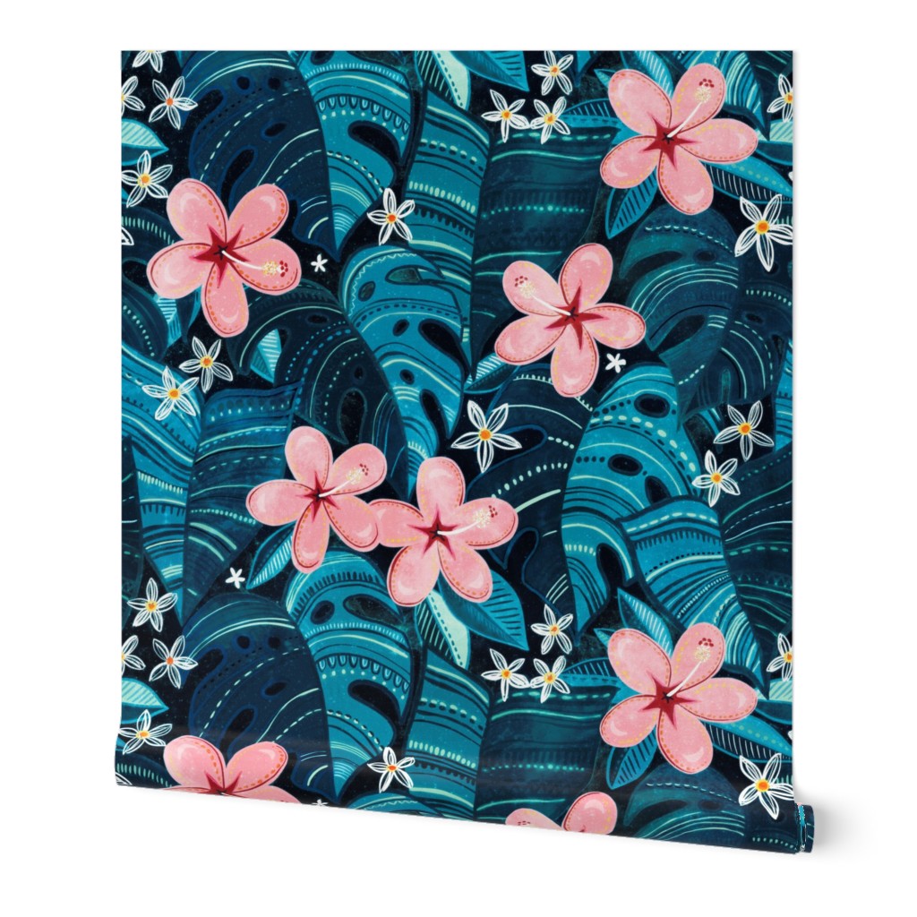 Midnight Tropical Garden - blue, large