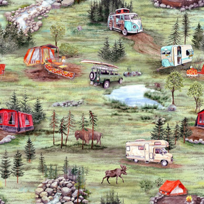 Camping Memories - a huge campsite in the canadian wilderness - watercolor painted glamping 