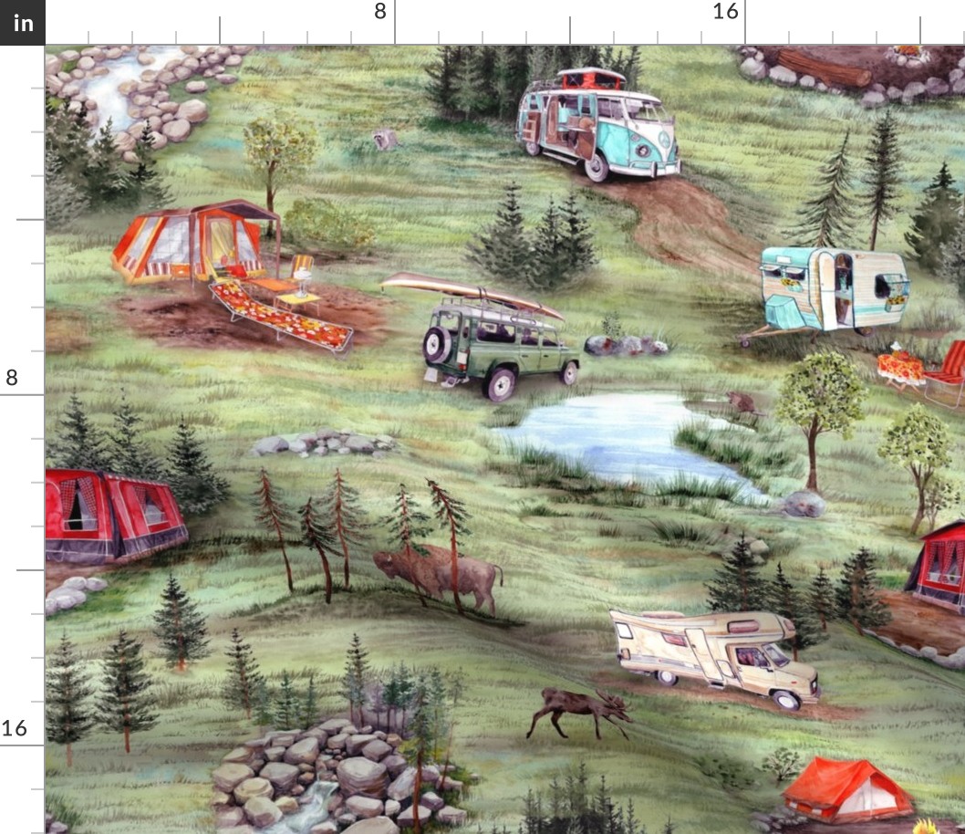 Camping Memories - a huge campsite in the canadian wilderness - watercolor painted glamping 