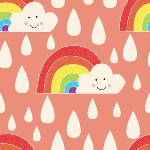 Large (12" repeat) // Rainbows, clouds and raindrops on Peachy Pink