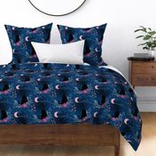 Cat in the midnight garden - blue, red, purple - medium