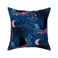 Cat in the midnight garden - blue, red, purple - medium