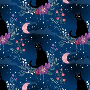 Cat in the midnight garden - blue, red, purple - medium