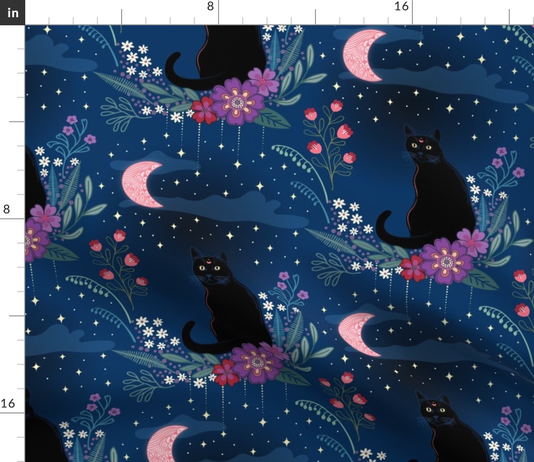 Cat in the midnight garden - blue, red, purple - medium