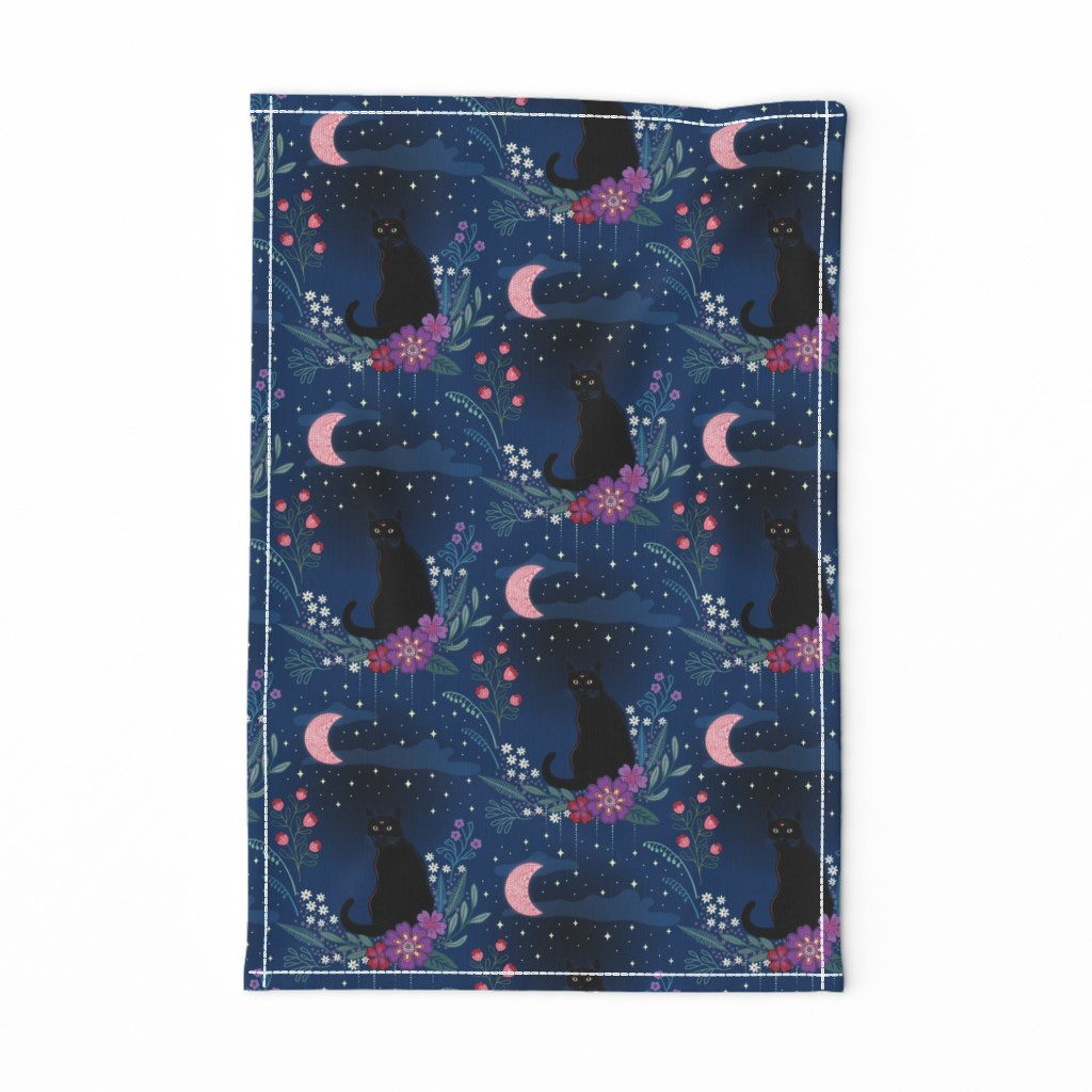 Cat in the midnight garden - blue, red, purple -  small