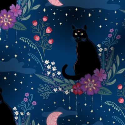 Cat in the midnight garden - blue, red, purple -  small