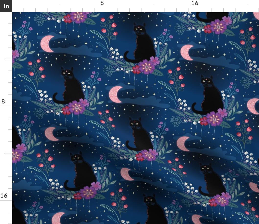 Cat in the midnight garden - blue, red, purple -  small