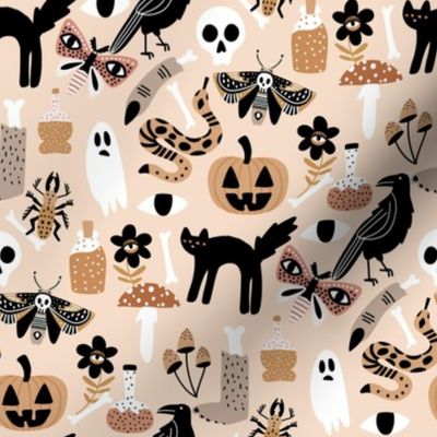 boho halloween fabric - muted neutral halloween, spooky scary witch