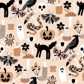 boho halloween fabric - muted neutral halloween, spooky scary witch