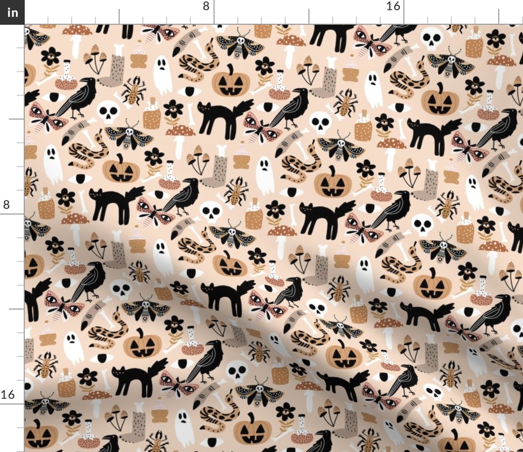 boho halloween fabric - muted neutral halloween, spooky scary witch