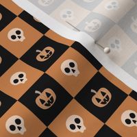 1" squares halloween checkerboard fabric - skulls and pumpkins, muted halloween