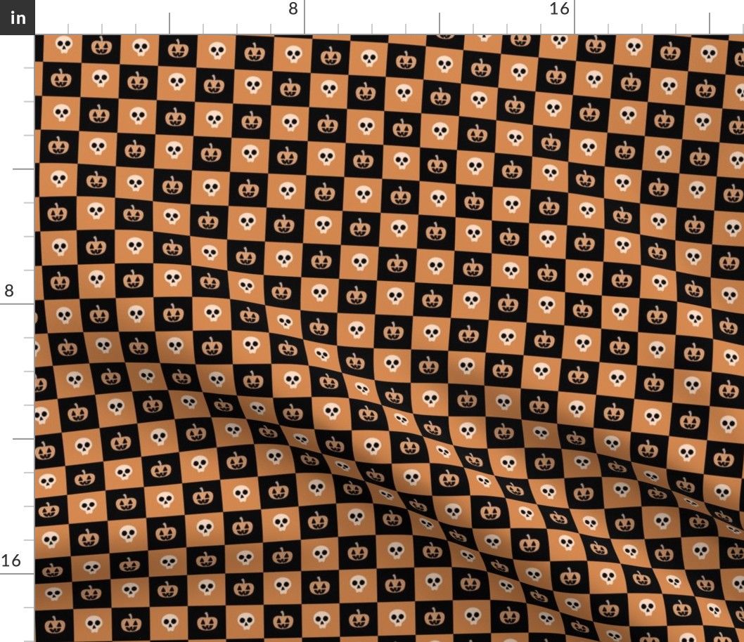 1" squares halloween checkerboard fabric - skulls and pumpkins, muted halloween