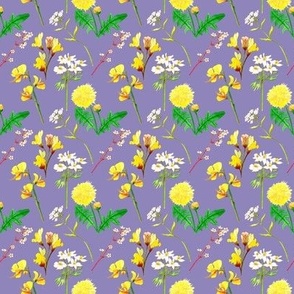 Medium Spring yellow blossom fabric on Lilac. Yellow and white flowers
