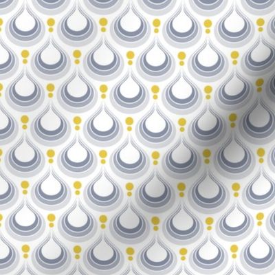 Rain Micro- 70sTear Drop- Retro Geometric Seventies- Gray and Golden Yellow- Small Scale- Quilt Blender- Face Mask- Mid-century