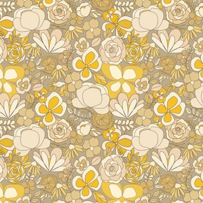 summer retro florals - yellow and cream - warm gray background 