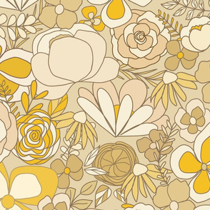 summer retro florals - yellow & cream  on beige background 