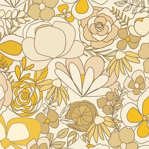 summer retro florals - yellow and cream  on bone background