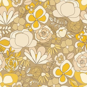 summer retro florals - yellow & cream - tan background 