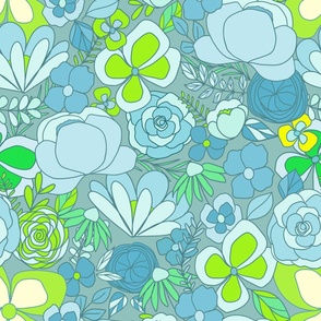 summer retro florals  - blue green on gray green