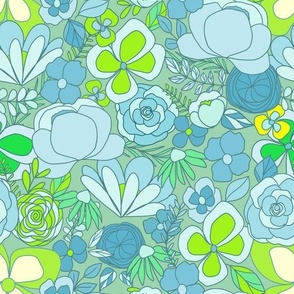 summer retro florals  - blue green on muted mint