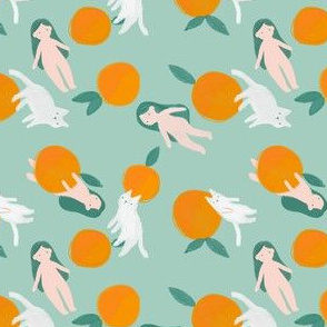 cute cat and girls design with orangEs 