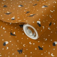 Black Cats Halloween Fabric on Dark Burnt Orange