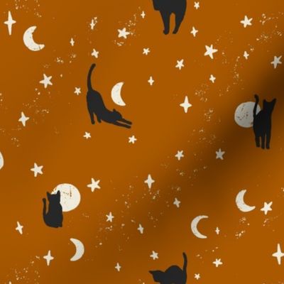 Black Cats Halloween Fabric on Dark Burnt Orange